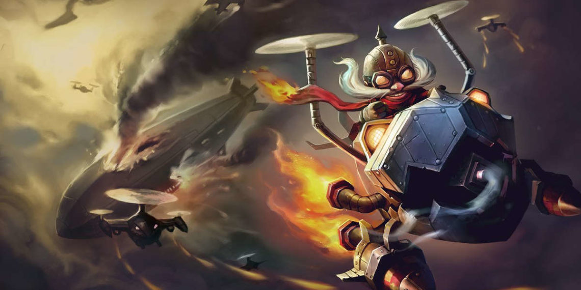 corki-league-of-legends-character-flying-away-from-a-defeated-flying-craft